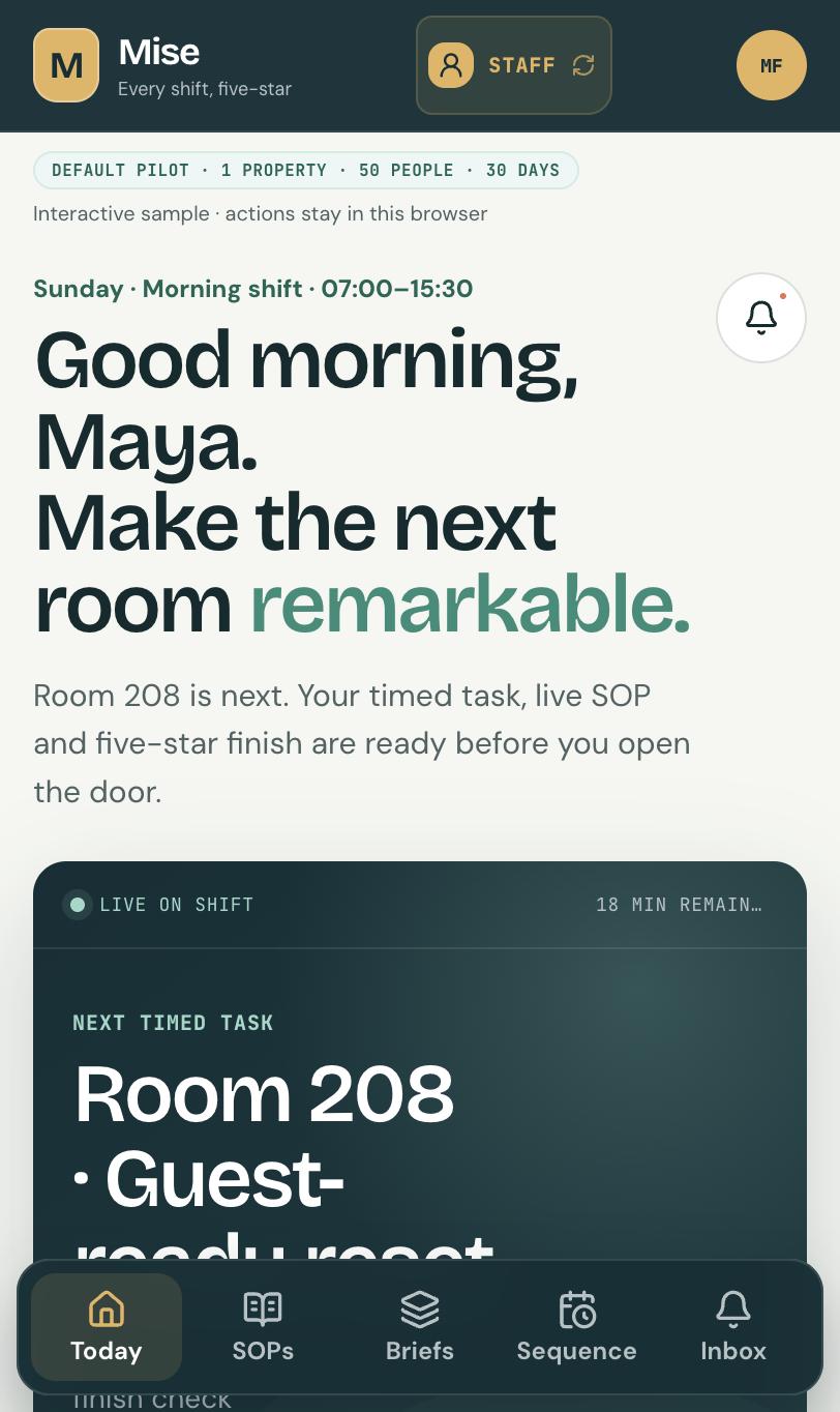 Focus Realm staff mobile screen showing the next timed task for room 208 with a live countdown and shift timeline